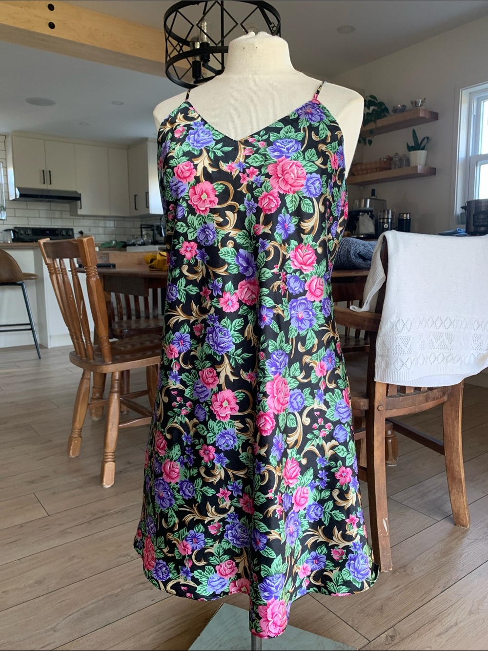 Vintage Black Satin Dress | Floral Print | nightgown jumper girlie 90s